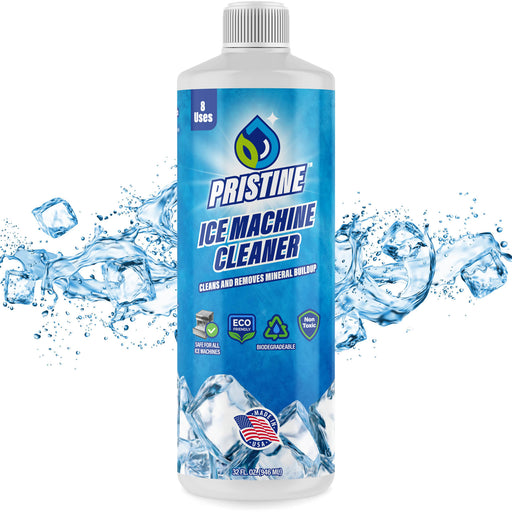 Pristine Ice Machine Cleaner & Descaler bottle with ice splash, nickel-safe formula for cleaning ice machines and ice makers