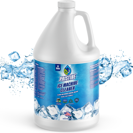 Gallon container of Pristine Ice Machine Cleaner with ice and water graphics on a white background