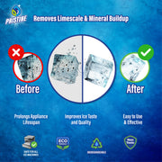 Before and after ice cubes showing removal of limescale and mineral buildup using Pristine ice machine cleaner and descaler